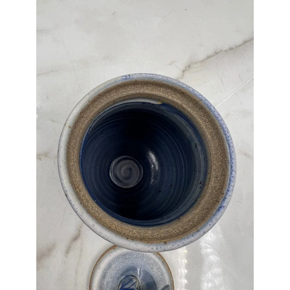 Studio Pottery Fish Canister Blue Glazed Stoneware Nautical Jar with Lid